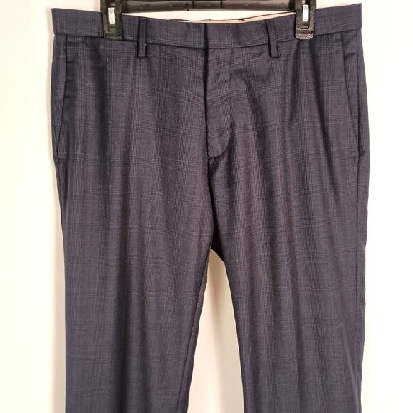 Banana Republic Mens Slim Fit Wool Dress Pants 33x30 Blue Check Flat Front - Picture 2 of 11